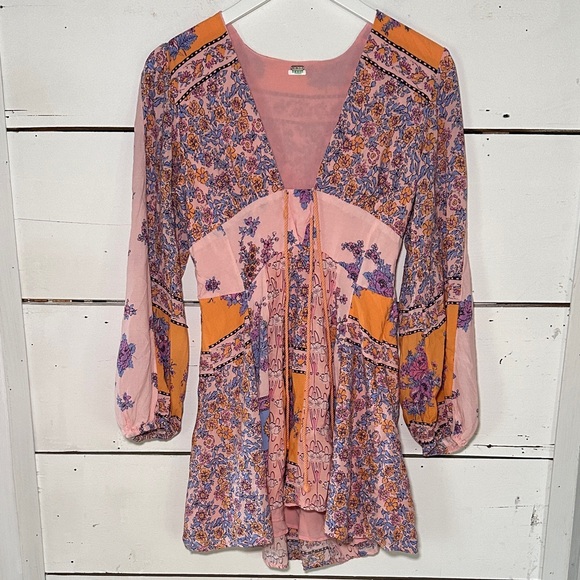 Free People Dresses & Skirts - Free People Mixin It Up Long Sleeve Mini Dress Bright Paisley Print